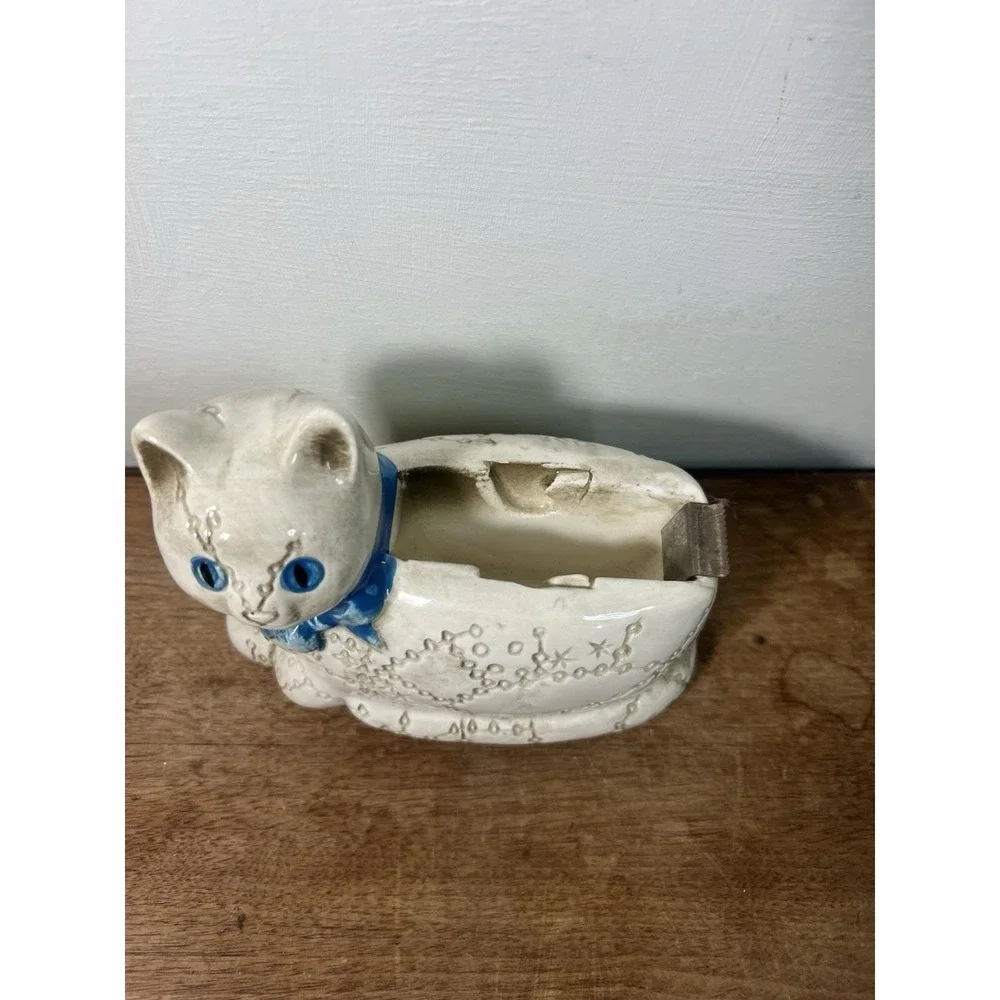 Vtg Ceramic Cat Tape Dispenser Hippy Celestial Ceramic Animal Wizard Stars Witch